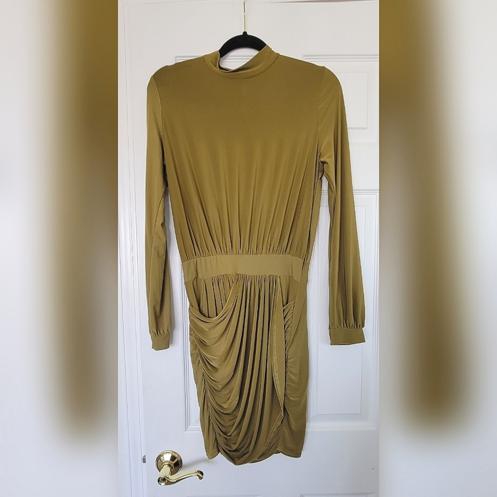 Olive High-Neck BodyCon Ruched Dress